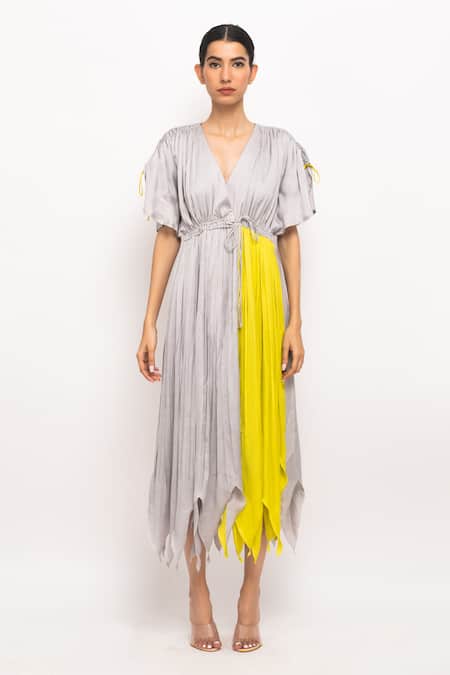Neora By Nehal Chopra_Yellow V-neck Asymmetrical Angrakha Dress _Online_at_Aza_Fashions
