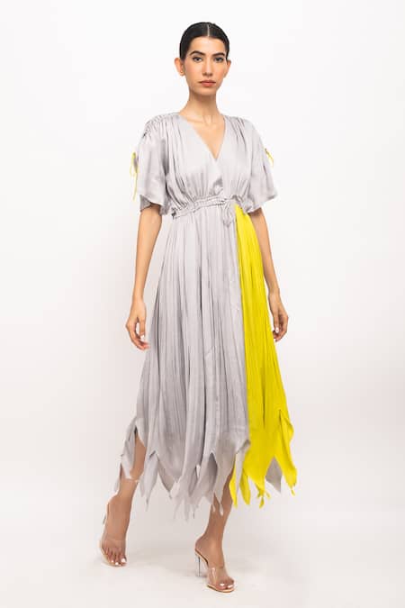 Buy_Neora By Nehal Chopra_Yellow V-neck Asymmetrical Angrakha Dress _Online_at_Aza_Fashions