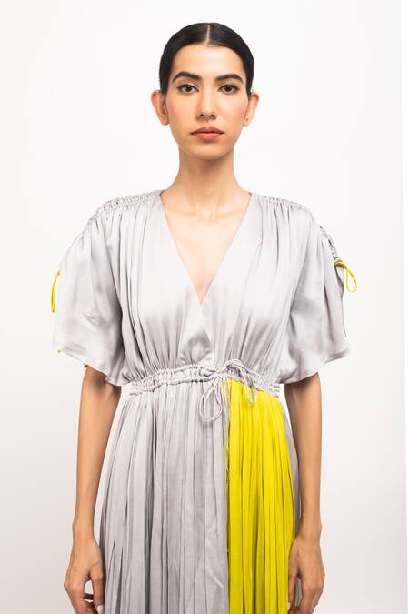 Shop_Neora By Nehal Chopra_Yellow V-neck Asymmetrical Angrakha Dress _Online_at_Aza_Fashions