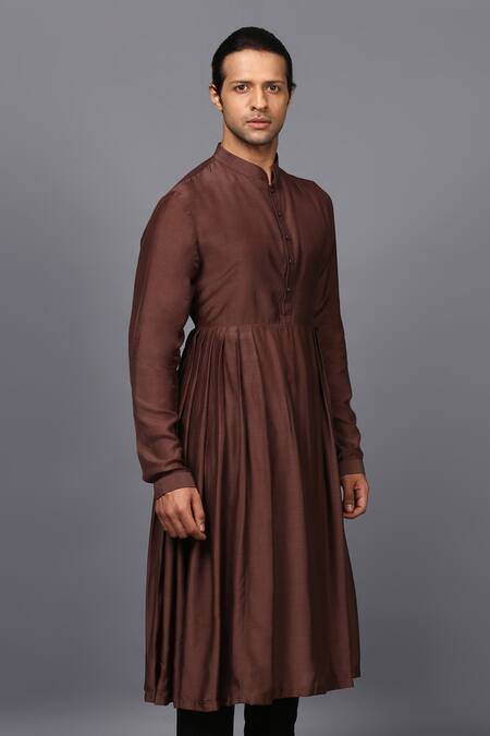 Shop_Seven_Brown Cotton Silk Pleated Kurta Set_Online_at_Aza_Fashions