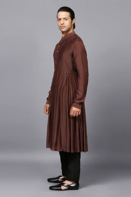 Seven_Brown Cotton Silk Pleated Kurta Set_Online_at_Aza_Fashions