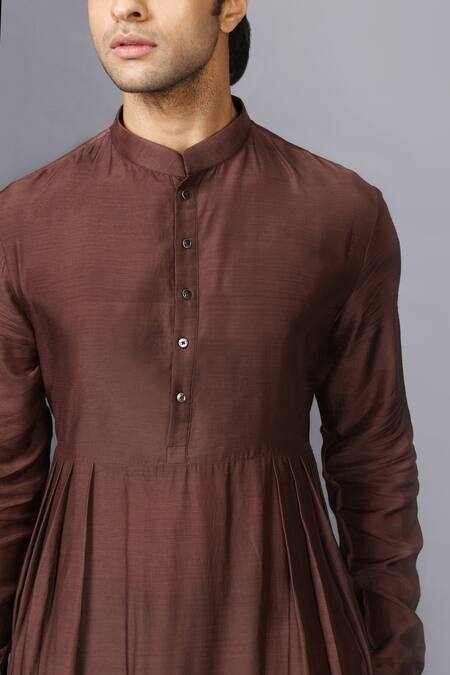 Seven_Brown Cotton Silk Pleated Kurta Set_at_Aza_Fashions