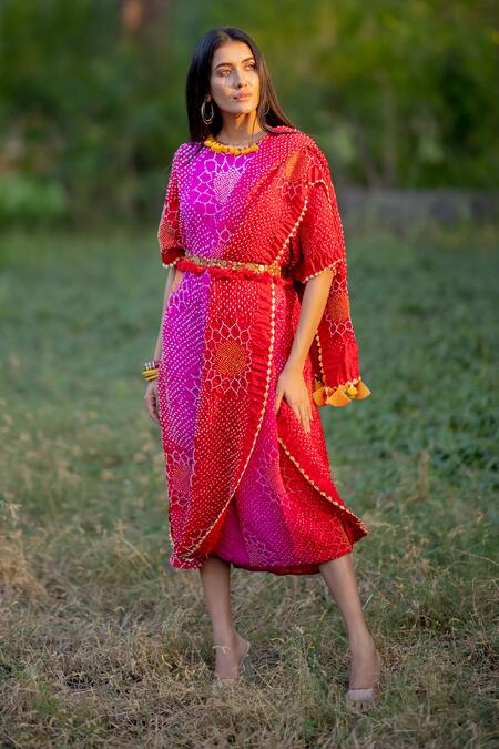 Buy Dyelogue Red Gajji Silk Bandhani Draped Dress Online at Aza Fashions Buy_Dyelogue_Red Gajji Silk Bandhani Draped Dress _Online_at_Aza_Fashions