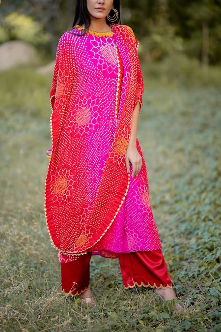 Shop Dyelogue Red Gajji Silk Bandhani Draped Dress at Aza Fashions Shop_Dyelogue_Red Gajji Silk Bandhani Draped Dress _at_Aza_Fashions