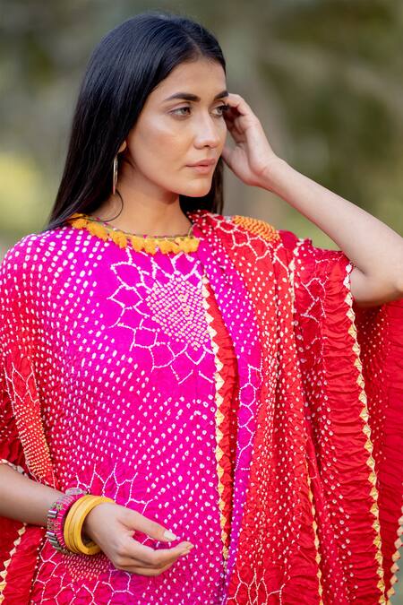 Shop Dyelogue Red Gajji Silk Bandhani Draped Dress Online at Aza Fashions Shop_Dyelogue_Red Gajji Silk Bandhani Draped Dress _Online_at_Aza_Fashions