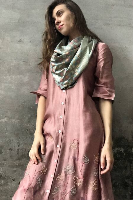 I Am Design_Pink Satin Linen Embroidered Kurta Set _at_Aza_Fashions