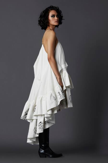 Chola_White Cotton Hand Painted High Low Dress_Online_at_Aza_Fashions