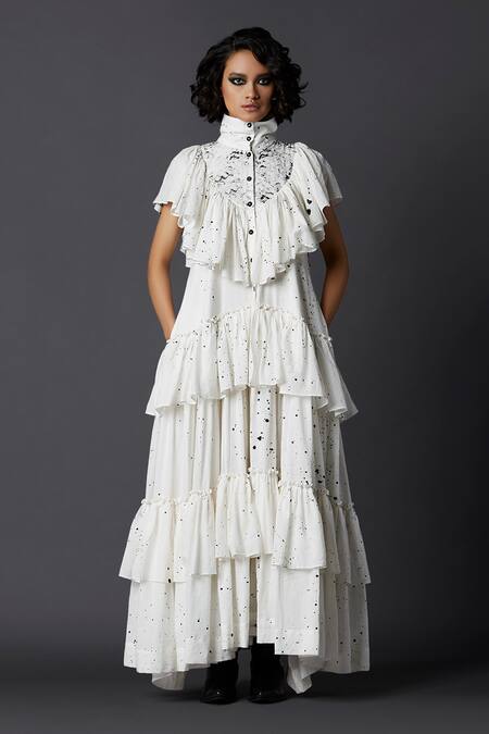 Chola White Cotton Hand Painted Layered Dress