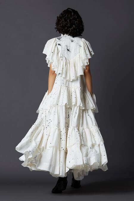 Shop Chola White Cotton Hand Painted Layered Dress at Aza Fashions Shop_Chola_White Cotton Hand Painted Layered Dress_at_Aza_Fashions