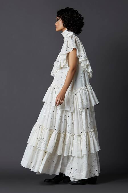 Chola White Cotton Hand Painted Layered Dress Online at Aza Fashions Chola_White Cotton Hand Painted Layered Dress_Online_at_Aza_Fashions