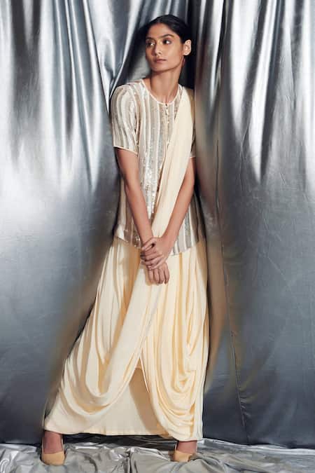 Dev R Nil Beige Georgette Embroidery Round Pre-draped Saree And Jacket Set