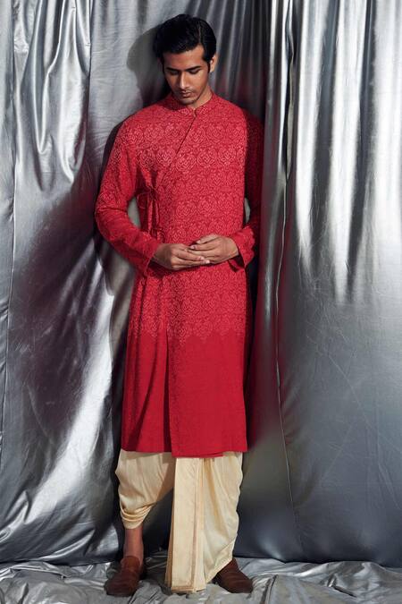 Shop_Dev R Nil_Red Silk Embroidered Angrakha Kurta Set_at_Aza_Fashions