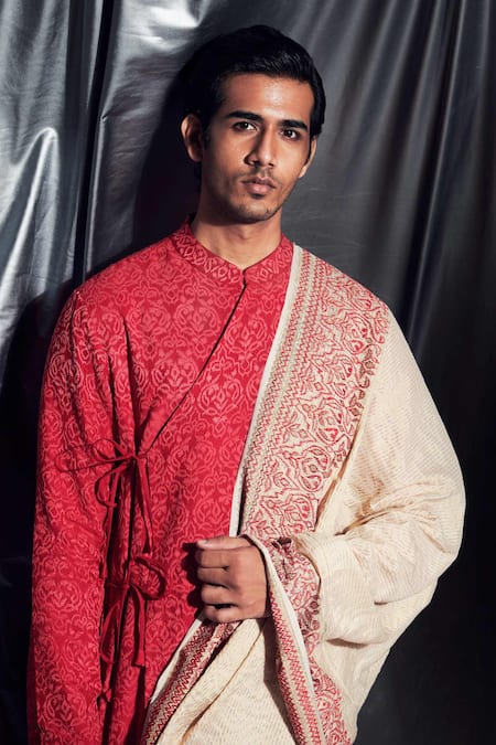 Dev R Nil_Red Silk Embroidered Angrakha Kurta Set_at_Aza_Fashions
