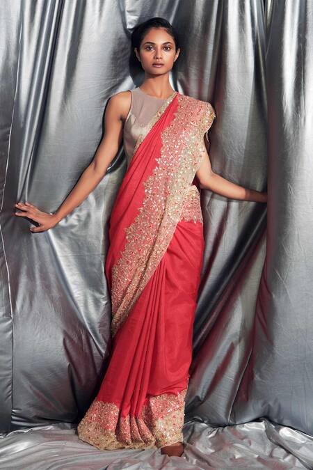 Buy Red Saree in Dola Silk With Floral Weave And Unstitched Blouse Piece