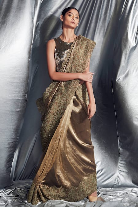 Dev R Nil Gold Tissue Embroidery Round Saree With Blouse