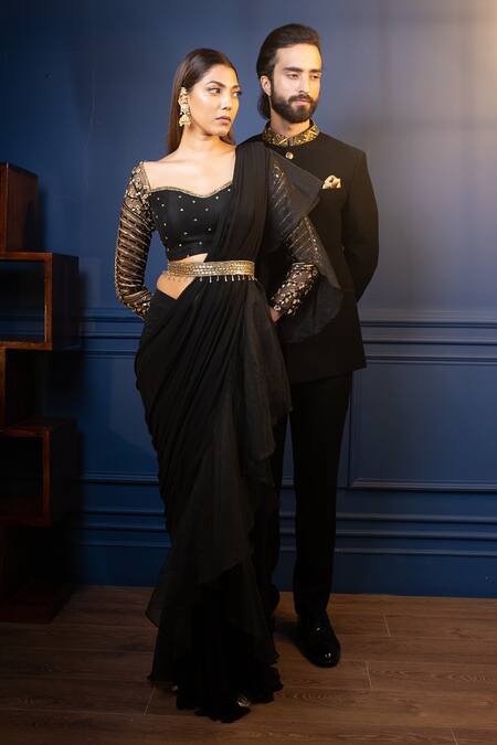 Shop_Parul Gandhi_Black Net, Lycra Sweetheart Neck Ruffle Saree With Blouse _Online_at_Aza_Fashions