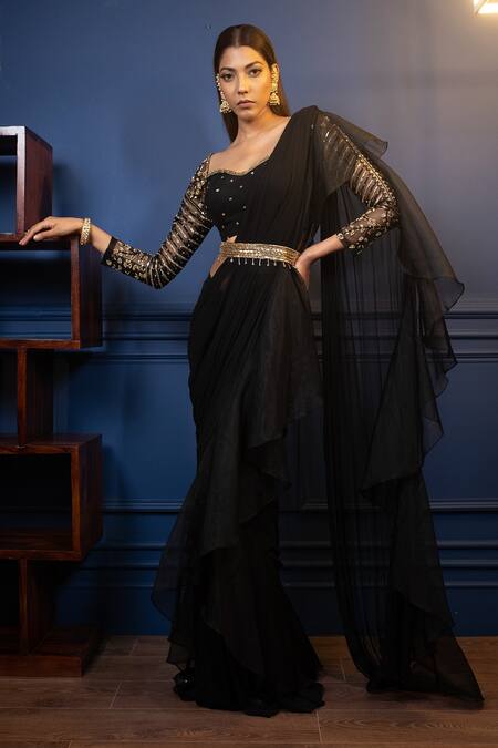 Parul Gandhi_Black Net, Lycra Sweetheart Neck Ruffle Saree With Blouse _at_Aza_Fashions
