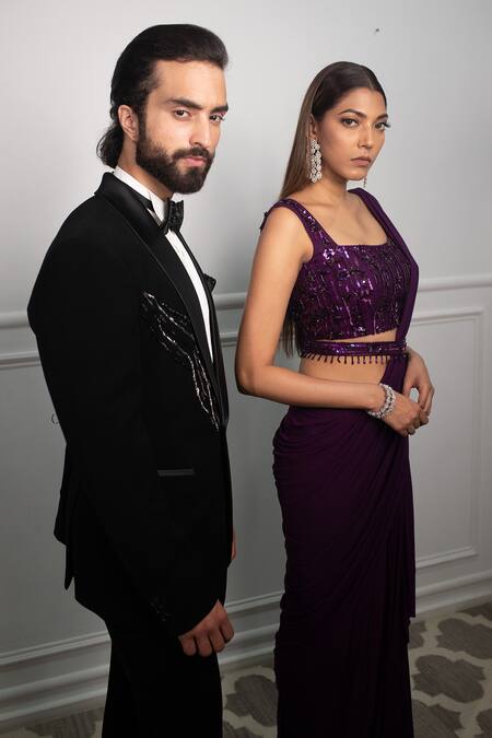 Buy_Parul Gandhi_Purple Net, Lycra Square Neck Pre-draped Saree Set _Online_at_Aza_Fashions