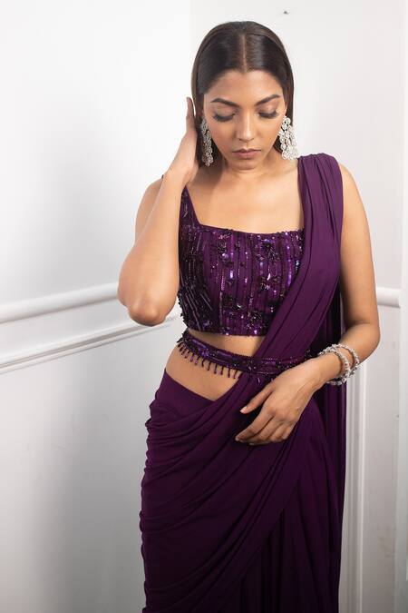 Shop_Parul Gandhi_Purple Net, Lycra Square Neck Pre-draped Saree Set _Online_at_Aza_Fashions