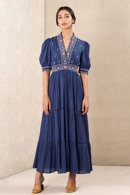 Ritu Kumar Blue Cotton Dobby Stripe Embroidered Floral Motifs V Neck Puff Sleeve Dress 