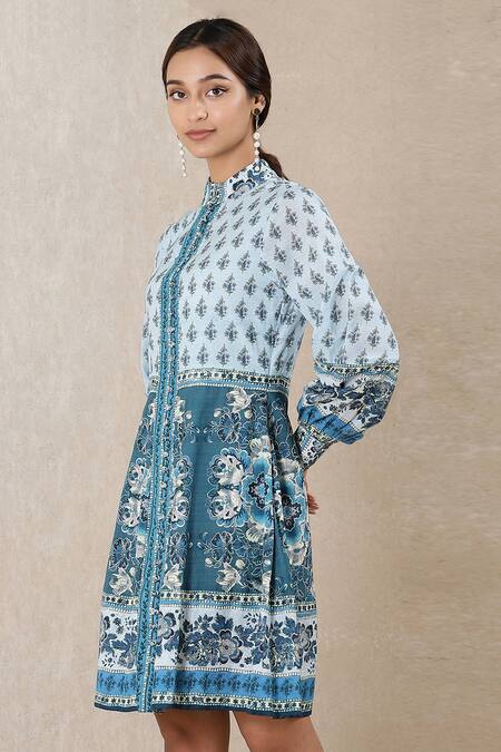 Shop_Ritu Kumar_Blue Sushi Voile Band Collar Floral Print Short Dress_Online_at_Aza_Fashions