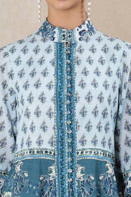 Ritu Kumar_Blue Sushi Voile Band Collar Floral Print Short Dress_at_Aza_Fashions