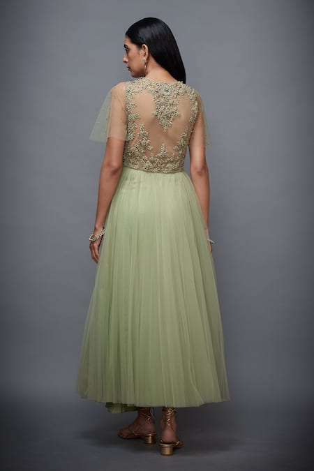 Shop_RI.Ritu Kumar_Green Mono Net V Neck Floral Embroidered Flared Dress _at_Aza_Fashions