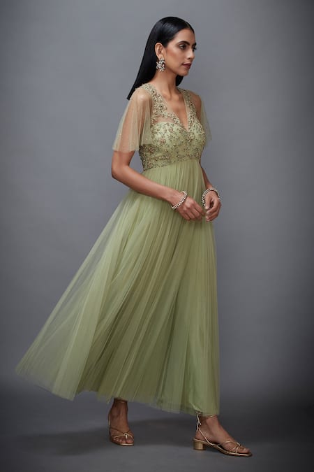 RI.Ritu Kumar_Green Mono Net V Neck Floral Embroidered Flared Dress _Online_at_Aza_Fashions