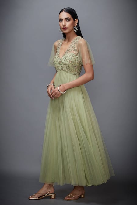 Buy_RI.Ritu Kumar_Green Mono Net V Neck Floral Embroidered Flared Dress _Online_at_Aza_Fashions