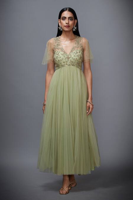 Shop_RI.Ritu Kumar_Green Mono Net V Neck Floral Embroidered Flared Dress _Online_at_Aza_Fashions
