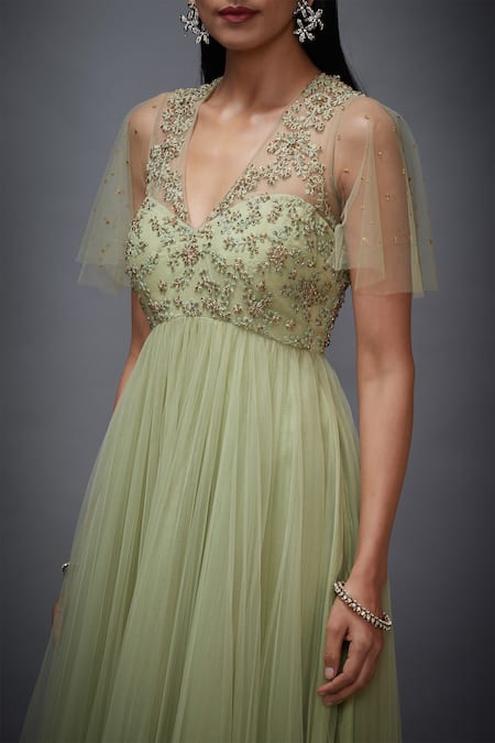 RI.Ritu Kumar_Green Mono Net V Neck Floral Embroidered Flared Dress _at_Aza_Fashions