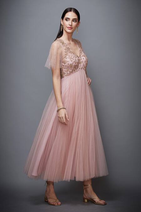 RI.Ritu Kumar_Pink Mono Net V Neck Floral Embroidered Flared Dress_Online_at_Aza_Fashions