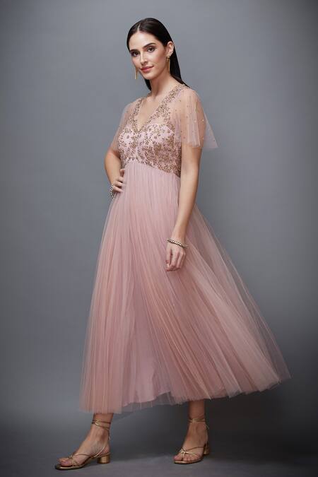 Buy_RI.Ritu Kumar_Pink Mono Net V Neck Floral Embroidered Flared Dress_Online_at_Aza_Fashions