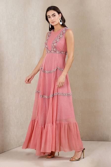 Ritu Kumar_Pink Dot Net Round Tiered Dress_Online_at_Aza_Fashions