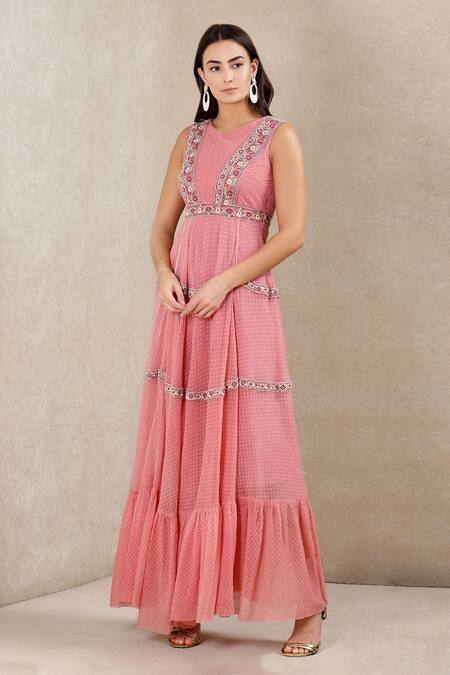 Buy_Ritu Kumar_Pink Dot Net Round Tiered Dress_Online_at_Aza_Fashions