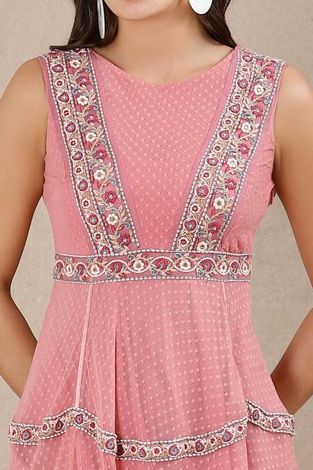 Shop_Ritu Kumar_Pink Dot Net Round Tiered Dress_Online_at_Aza_Fashions