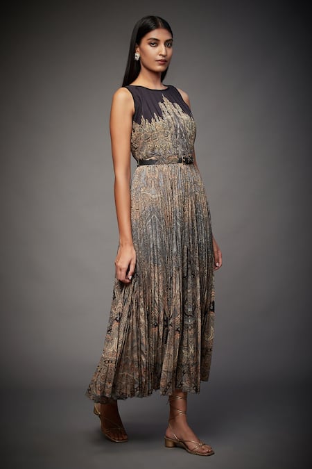 RI.Ritu Kumar_Black Polyester Round Printed Flared Midi Dress _Online_at_Aza_Fashions