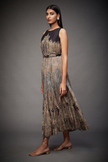 Buy_RI.Ritu Kumar_Black Polyester Round Printed Flared Midi Dress _Online_at_Aza_Fashions