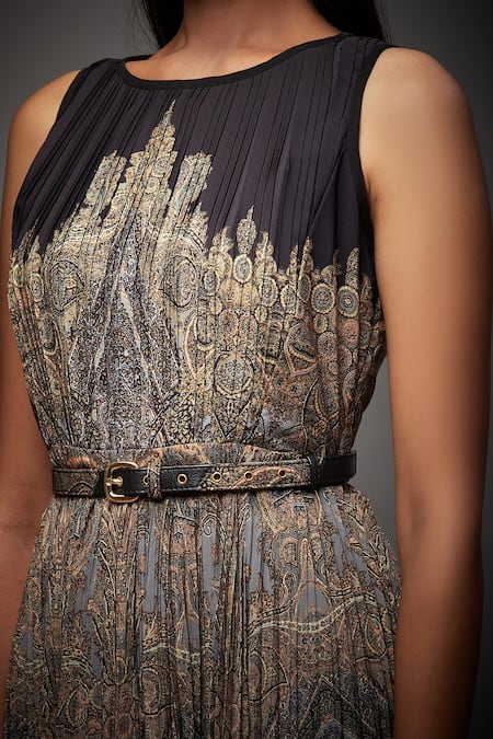 Shop_RI.Ritu Kumar_Black Polyester Round Printed Flared Midi Dress _Online_at_Aza_Fashions