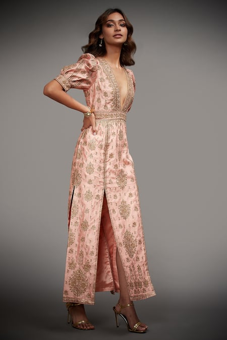 RI.Ritu Kumar_Peach Polyester V Neck Embroidered Slit Gown _Online_at_Aza_Fashions