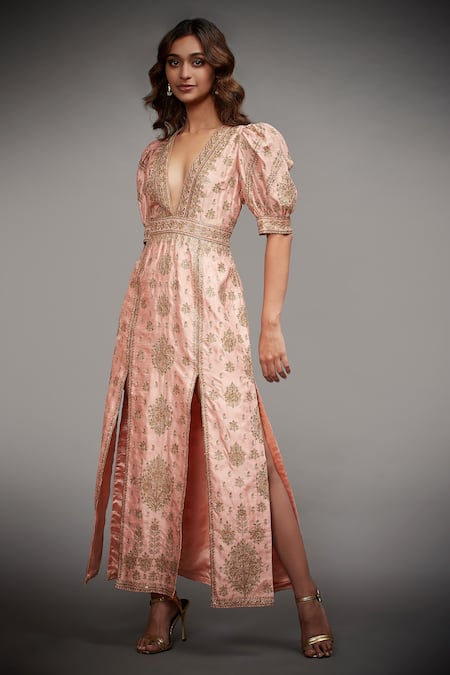 Buy_RI.Ritu Kumar_Peach Polyester V Neck Embroidered Slit Gown _Online_at_Aza_Fashions