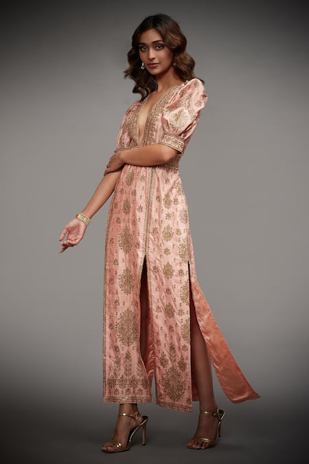 Shop_RI.Ritu Kumar_Peach Polyester V Neck Embroidered Slit Gown _Online_at_Aza_Fashions