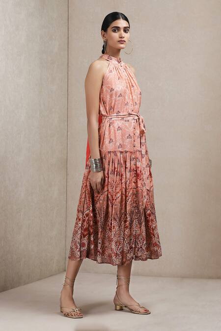 Ritu Kumar_Peach Viscose Bamberg Halter Floral Print Dress_Online_at_Aza_Fashions