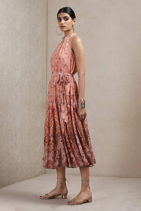 Buy_Ritu Kumar_Peach Viscose Bamberg Halter Floral Print Dress_Online_at_Aza_Fashions