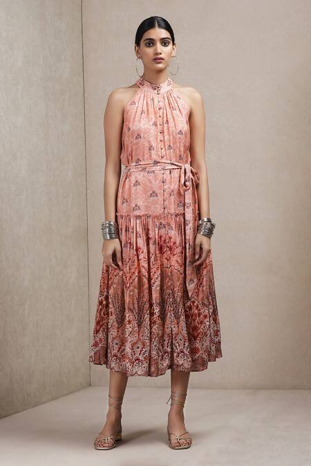 Shop_Ritu Kumar_Peach Viscose Bamberg Halter Floral Print Dress_Online_at_Aza_Fashions