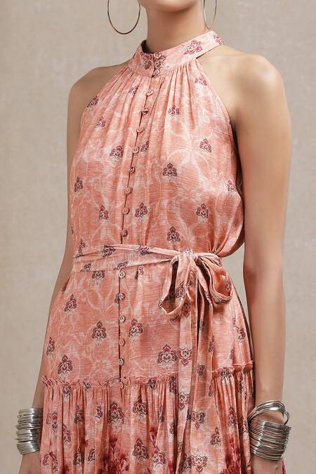 Ritu Kumar_Peach Viscose Bamberg Halter Floral Print Dress_at_Aza_Fashions