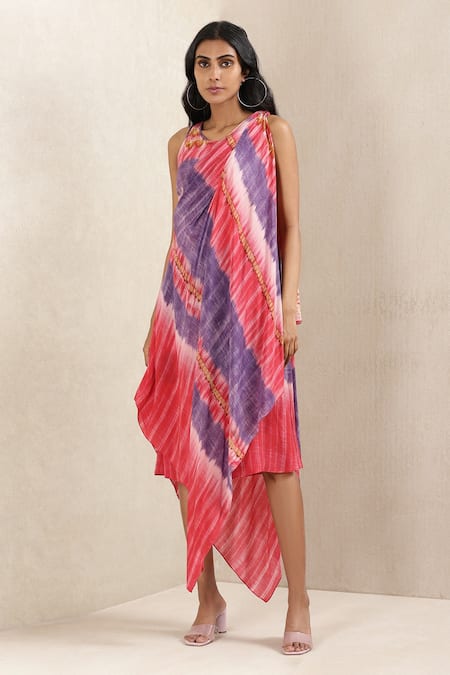 Ritu Kumar_Pink Viscose Crepe Tie Dye Round Print Dress_Online_at_Aza_Fashions