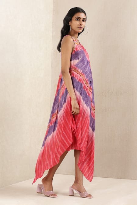 Buy_Ritu Kumar_Pink Viscose Crepe Tie Dye Round Print Dress_Online_at_Aza_Fashions