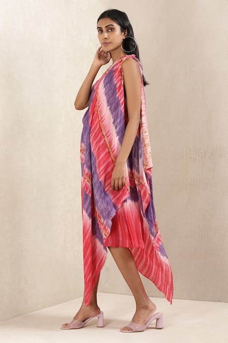 Shop_Ritu Kumar_Pink Viscose Crepe Tie Dye Round Print Dress_Online_at_Aza_Fashions