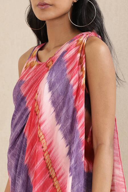 Ritu Kumar_Pink Viscose Crepe Tie Dye Round Print Dress_at_Aza_Fashions